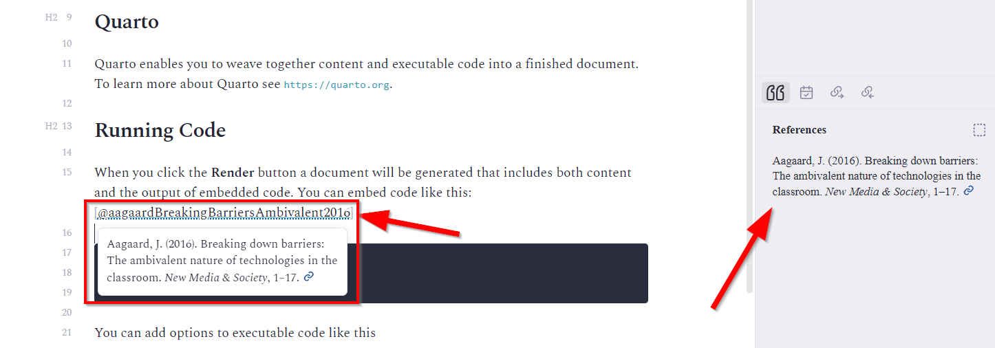 A screenshot of Obsidian recognizing a BibTeX citation key.